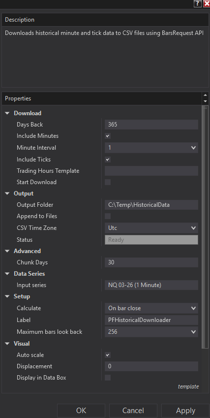 Historical Downloader settings